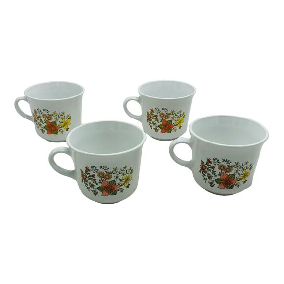 VTG Corelle Corning Ware Indian Summer Cups Mugs Orange Yellow Flowers Set of 4 - Picture 2 of 7